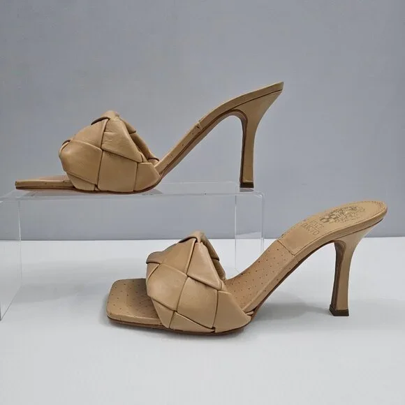Vince Camuto Brelanie Braided Sandal Womens 8 Tan Woven Leather Mule Heels NEW - Picture 2 of 14